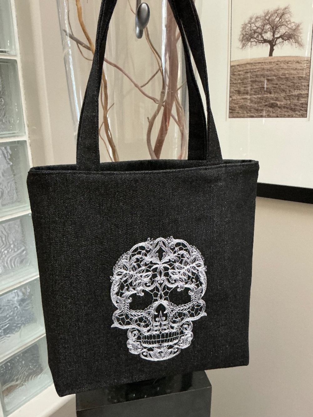 Skeleton Face Lacy Embroidered Tote Bag. Made in Canada. Heart Hands on Reverse